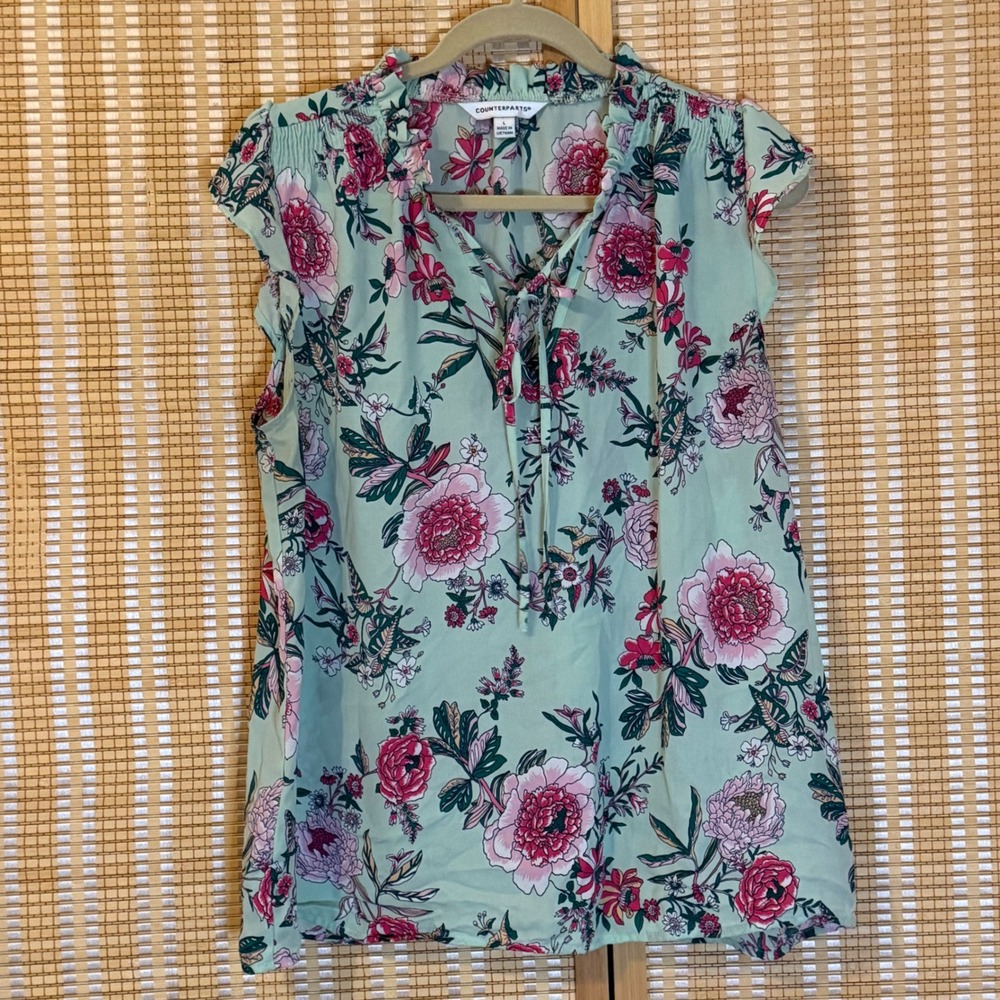 Counterparts Womens Floral Ruffle Neck Tie Front Blouse Mint Pink L Cottagecore
